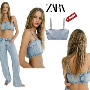 Zara blue denim jean crystal rhinestone embellished crop top spaghetti strap NWT